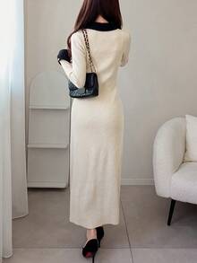 FRIFUL Damska sukienka sweterkowa z długim rękawem i kołnierzykiem w blokach kolorów, zdobiona perłowymi guzikami, dopasowana, wyszczuplająca, jesień/zima - Beżowy - Zobacz 2