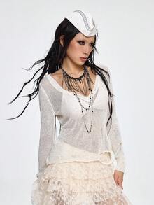 ROMWE Grunge Punk V-Neck Solid Color Long Sleeve Semi-Sheer Distressed Punk Style Sweater - Apricot - View 5