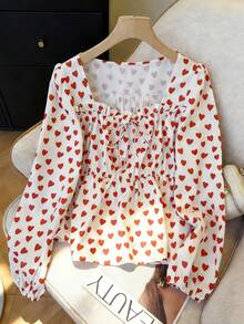 SHEIN Unity Women's Heart Print Lantern Sleeve Front Tie Blouse,Elegant White And Red Spring Autumn Cute Tops For Vacation,Valentine's Day And Tea Party Blouses - White - View 8