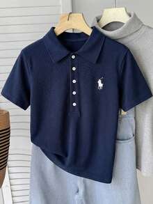 Áo thun tay ngắn cổ polo in hình hiệp sĩ dành cho nữ tuổi teen - Màu xanh hải quân - Xem 4