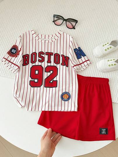 Pixure  2pcs Young Boy Woven Striped Casual T-Shirt And Shorts Set