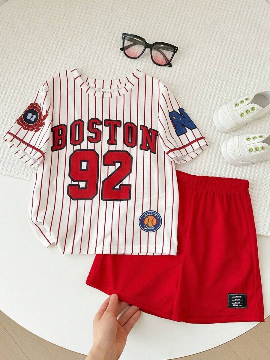 男童条纹休闲T恤短裤两件套 - 彩色 - 查看 1