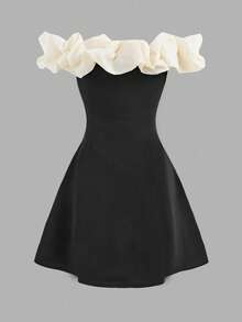 SHEIN Young Girl Fashionable & Elegant Off Shoulder Ruffle Hem Short Dress - Black - View 2