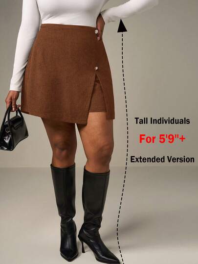 SHEIN Tall CURVE Plusstorlek Casual Elegant Enfärgad Korduroy Shortskjol, Lämplig För Höst/Vinter