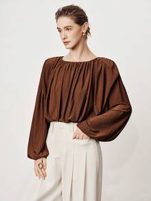 SHEIN Stylify Women's Coffee Brown Elegant Long Sleeve Blouse,Autumn Office Business Casual Ruched Round Neck Shirt,French Vintage Elastic Lined Versatile Top - Brown - View 2