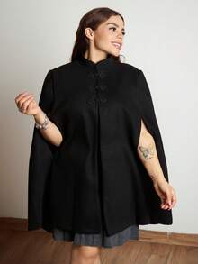 Lupita Cardoza 优雅立领拼色中国风纽扣装饰斗篷长袍女士加厚秋冬披肩连衣裙外套女冬装 - 黑色 - 查看 5