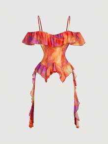 SHEIN MOD Women's Off-Shoulder Fashion Tie-Dye Ruffle Trim Blouse,Vacation,Festival,Holiday,Beach Outfits For Women,Valentine's Day,Birthday,Going Out Top,Orange Top - Multicolor - View 7