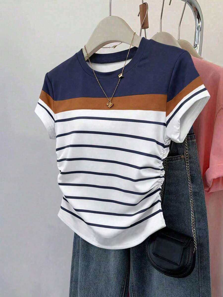 Resyla Áo thun tay ngắn kẻ sọc, thắt eo thời trang và đa năng dành cho nữ cỡ lớn, trang phục thường ngày ngoài trời, áo thun họa tiết màu sắc tươi sáng khi đi du lịch, phong cách đường phố - Nhiều màu - Xem 1