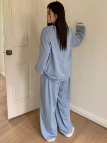Dazy Plus Contrast Lace V-Neck Loose Striped Long Sleeve Top And Long Pants Casual Pajama Set, Suitable For Spring And Autumn - Blue - View 8