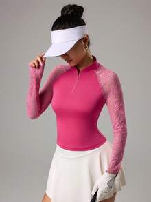 CourtClass Women's Contrast Lace Raglan Sleeve Zip-Up Golf Polo Shirt - Hot Pink - View 7
