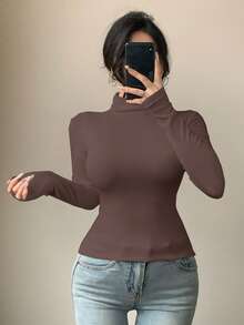 DAZY Tricou damă casual, simplu, în culoarea uni, cu guler înalt, căptușit termic, croială strâmtă, strat de bază, toamnă/iarnă - Maro - Vizualizare 4