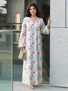 Yasmyna Women's Floral Print V-Neck Elegant Arabic Style Dress Summer Dress With Sleeve Floral Dress For Women - Multicolor - View 6