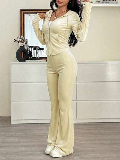 SHEIN EZwear 2pcs Women Casual Solid Color Velvet Zip-Up Hoodie And Pants Set, Spring/Summer Long Sleeve Two Piece Set 2 Piece Casual Sets Woman Comfortable Two Piece Set