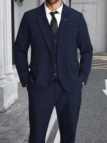 Manfinity Mode 男士加大码商务通勤西装套装，包括夹克、马甲和裤子 - 寶藍色 - 查看 3