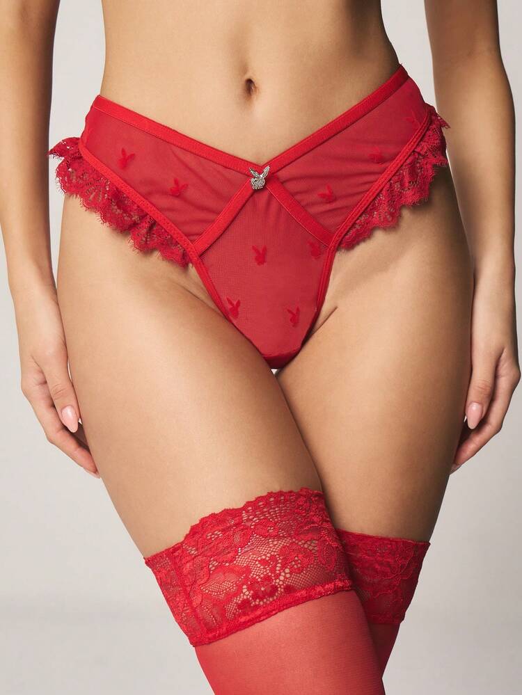 Missguided x Playboy Lace Trim Balconette Bra With Matching Thong Panty Two Piece Lingerie Set For Valentine's Day