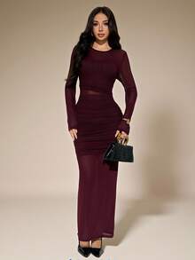 SHEIN PETITE Women's Elegant Burgundy Autumn Evening Dress,Solid Color Round Neck Long Sleeve Pleated Mesh Slim Fit Tight Long Formal Dress For Birthday Party ,Petite Women - Burgundy - View 3