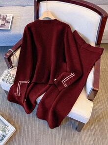 SHEIN Franclia Bộ 2 món áo len cardigan dệt kim cài một hàng khuy và quần len thường ngày dành cho nữ mùa thu/đông - Màu Đỏ Sâu - Xem 2