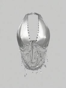 ROMWE Grunge Punk Y2K Rave Music Festival Metal Cross Pendant PU Patchwork Fishnet Beaded Halter Backless Women Tank Top