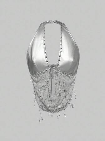 Grunge Punk Débardeur femme dos nu avec pendentif croix métallique, patchwork PU et filet perlé, style Y2K rave music festival