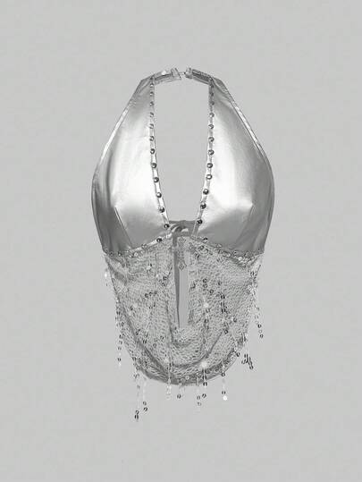 Grunge Punk Top canotta da donna con pendente a croce in metallo, patchwork in PU, rete, perline, stile Y2K per festival di musica rave