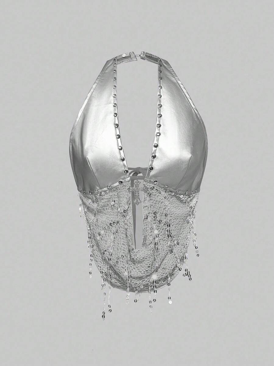 ROMWE Grunge Punk Y2K Rave Music Festival Metal Cross Pendant PU Patchwork Fishnet Beaded Halter Backless Women Tank Top