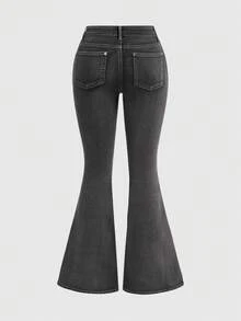 ROMWE Grunge Punk Quần jeans nữ ống loe cạp thấp, kiểu retro grunge rách rưới, in hình dây leo và họa tiết thánh giá, gợi cảm. - màu đen - Xem 3