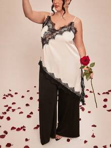 SHEIN BAE Áo kiểu thanh lịch viền ren đen trắng cho ngày Valentine xuân/hè, áo gợi cảm cỡ lớn. - Đen và trắng - Xem 3