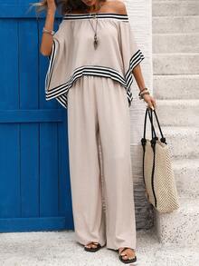 Breezaya Bộ đồ thể thao nữ đi nghỉ mát gồm áo sơ mi kẻ sọc trễ vai vạt lệch và quần ống rộng, kiểu dáng thường ngày. - Màu Khaki - Xem 6