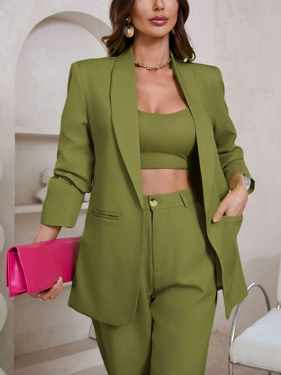 Aveloria Modichic Solid Color Long Sleeve Blazers With Pockets - Green - View 1