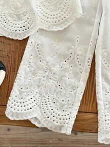 SHEIN LMoss Kids Conjunto de sudadera de algodón con bordado elegante francés y pantalones de pierna ancha para niñas jóvenes - Beis - Ver 6