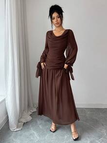 SHEIN PETITE Women's Casual Elegant Draped Collar Ruched Lantern Sleeve Flowy Dress, With Ruffle Collar, Lantern Sleeves, And Tie Waist Design, Suitable For Various Formal Occasions Such As Parties, Weddings, Graduations, Halloween, Christmas, Saudi National Day, New Year, Etc. - Brown - View 4