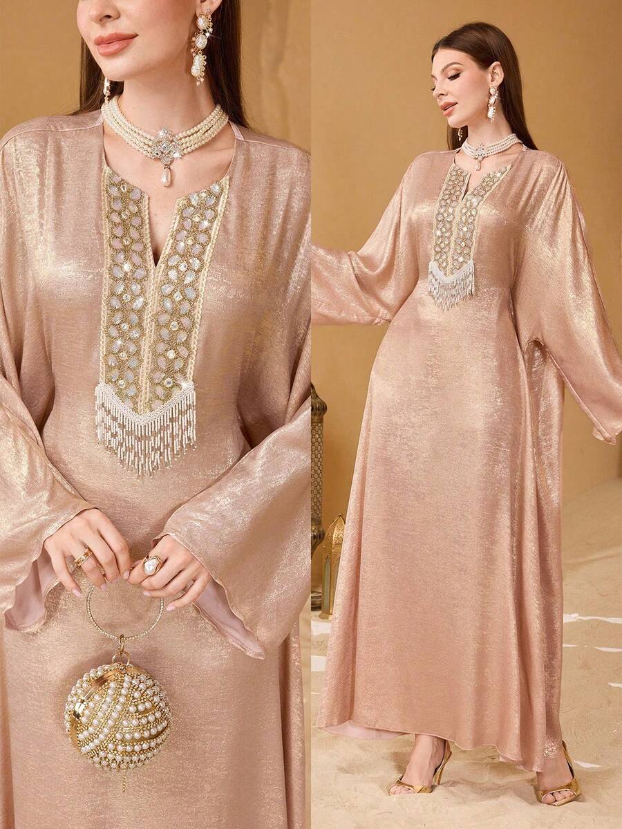 Al Najma Women's Shiny Embroidered Beaded Long Robe, Loose And Slimming, Elegant Party Robe Kaftan Jalabiya Dress - Pink - View 1