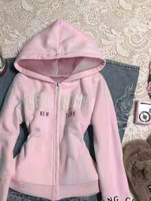 Glimmora Women's Letter Print Long Sleeve Zip Front Casual Sweatshirt - Pink - View 4