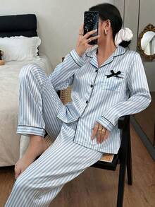 SHEIN Een Girls Loungewear Set - Premium Elegant Satin Sateen Fabric Classic Black Blue Contrast Striped - Long Sleeve Button-Up Top And Long Pants Set - 2026 Spring Summer Home Vacation Essential Style Blue Pajama Sets Light Blue Pj Set Bow Pajamas Satin Pajamas - Blue - View 5