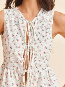 Coeurva 女士印花系带圆领休闲衬衫 - 鵝黃色 - 查看 7