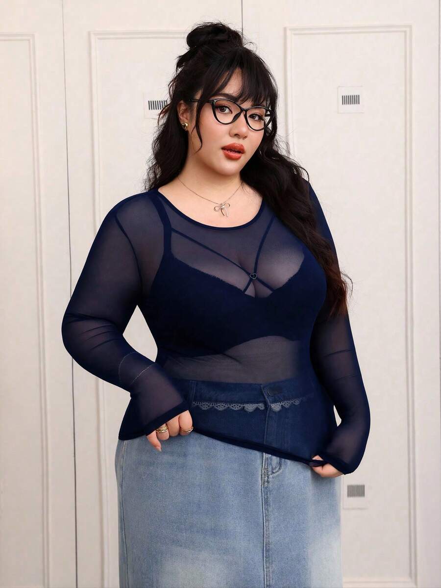 CovetEZ 大码红色薄纱基本款上衣（女款） - 藏蓝色 - 查看 1