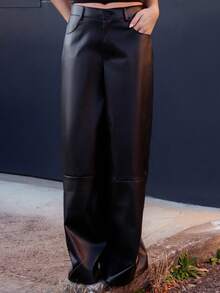 SILVIA DI SANTO 女士皮革女裤纯色前扣简约休闲裤、日常穿着、女士下装 - 黑色 - 查看 5