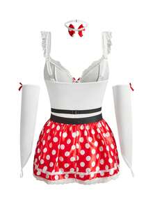 Fantasy Costume Bộ 6 món đồ lót liền thân dễ thương cho nữ, thích hợp cho ngày Valentine, rất gợi cảm. - Đỏ và trắng - Xem 8