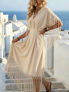 SHEIN Holidaya Vestido largo con cuello en V y decoración de flecos en la cintura para mujer - Albaricoque - Ver 5