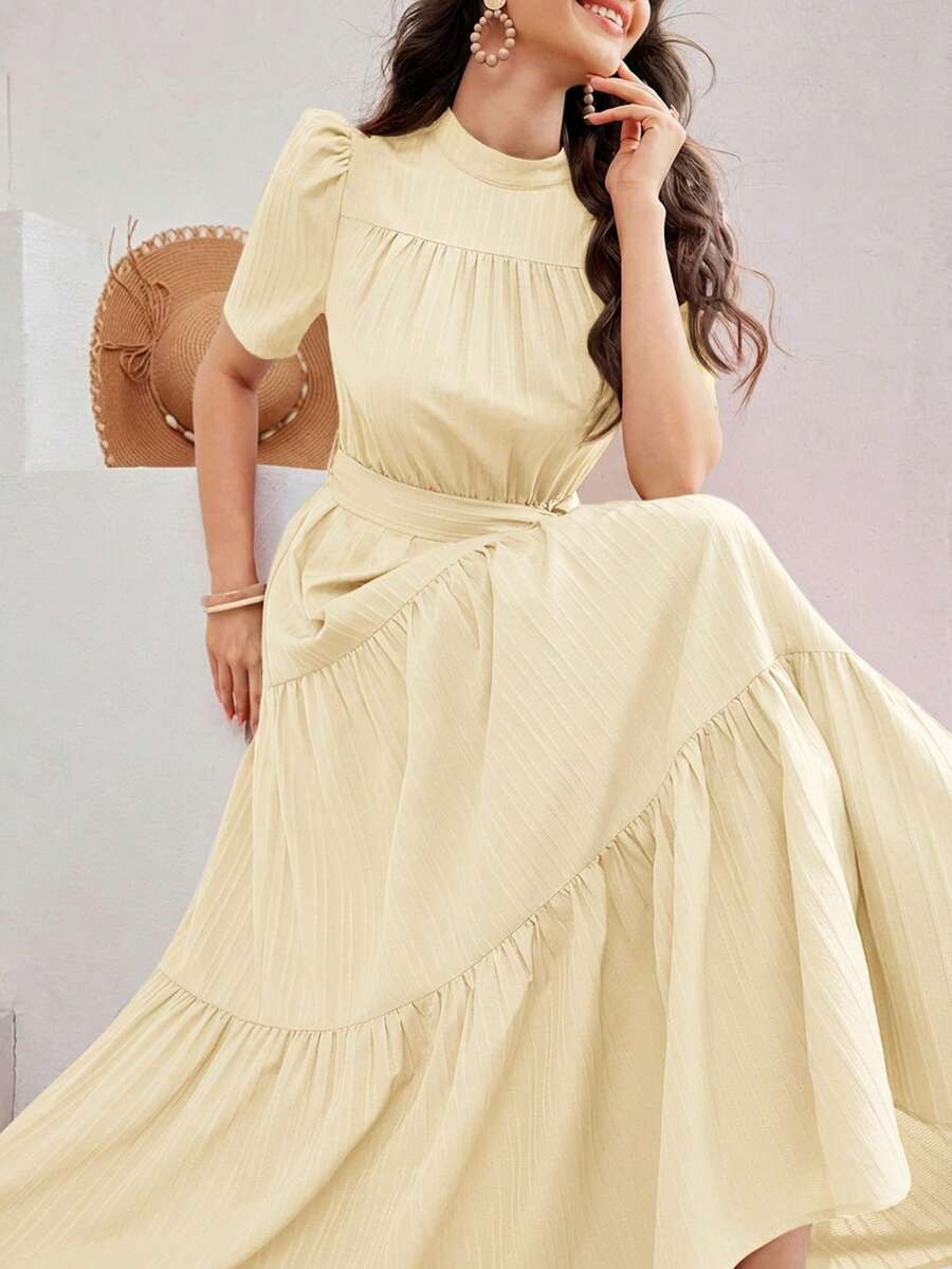 Mulvari Women's Solid Color Stand Collar Short Puff Sleeve Ruffle Hem Elegant Arabic Style Dress French Style Dress Cottagecore Dress - Yellow - View 1