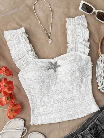 Teen Girl White Lace Cap Sleeve Blouse, Textured Slim Fit Vacation Lace Blouse, Suitable For Afternoon Tea, Starfish,Beach Holiday, Summer,