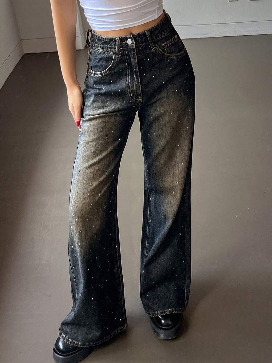 Dazy Tall 高个女式水钻装饰喇叭牛仔裤，优雅休闲长裤 - 深色水洗藍 - 查看 1