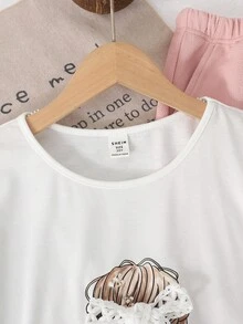 SHEIN 少女休闲可爱卡通图案蕾丝蝴蝶结宽松T恤和配套裤子套装 - 粉色 - 查看 6