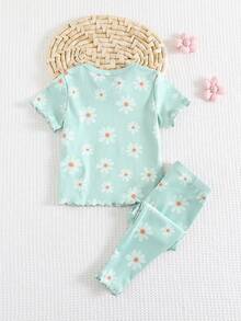 Cozy Pixies 2pcs Baby Girls Floral Knitted Soft Round Neck Short Sleeve Top And Elastic Waist Pants Set - Multicolor - View 2
