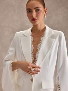CLARA VERO Bộ vest ống rộng viền ren trắng: Áo blazer ôm dáng và quần cạp cao, hoàn hảo cho những ngày làm việc thanh lịch hoặc các sự kiện sang trọng, được làm từ chất liệu polyester cao cấp với điểm nhấn ren tinh tế và khuy cài hình trái tim. - trắng - Xem 8