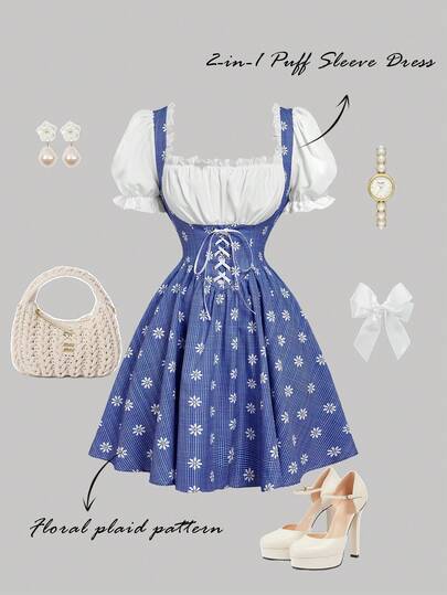 SHEIN MOD Vintage Cute Blue Plaid Patchwork Dress With Puff Sleeves And Cross Tie – Perfect For Vacation, Date, Picnic, Party, Prom, Festival, And Birthday Wear