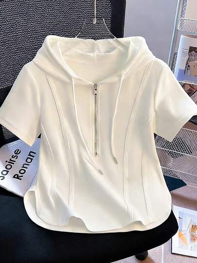 Resyla Half-Zip Hooded Short Sleeve T-Shirt, New Design Asymmetrical Top, Spring/Summer