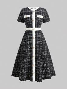 SHEIN Teenager Mädchen Kleid mit Karomuster, weißem Kontrastbesatz, Metallschnallen-Dekor, elegantem Kurzarm A-Linie, Herbstkleid, kariertes Midi, schwarzer Tweed - Schwarz - Übersicht 2
