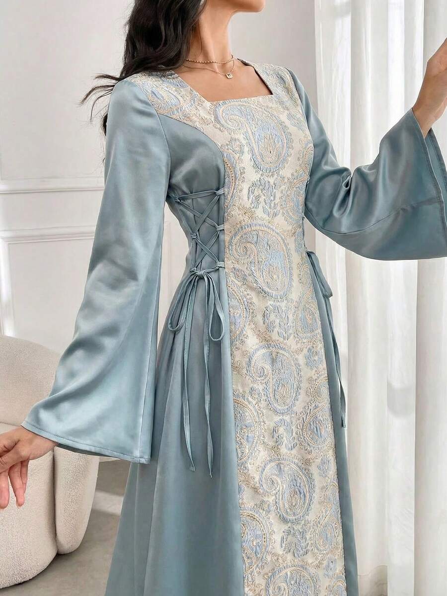 SHEIN Đầm xòe tay ngắn dáng chữ A bằng vải satin jacquard màu xanh dương sang trọng dành cho thiếu nữ. - Màu xanh lam - Xem 1