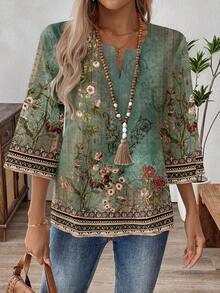 EMERY ROSE Plus Size Bohemian Floral Print Shirt, Suitable For Vacation Carnival - Multicolor - View 5